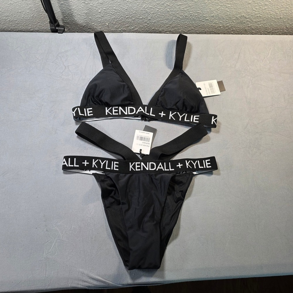 Kendall‎ + Kylie Black Logo Triangle Bikini Set High Cut Strappy KKSA-10227 New - Picture 6 of 12